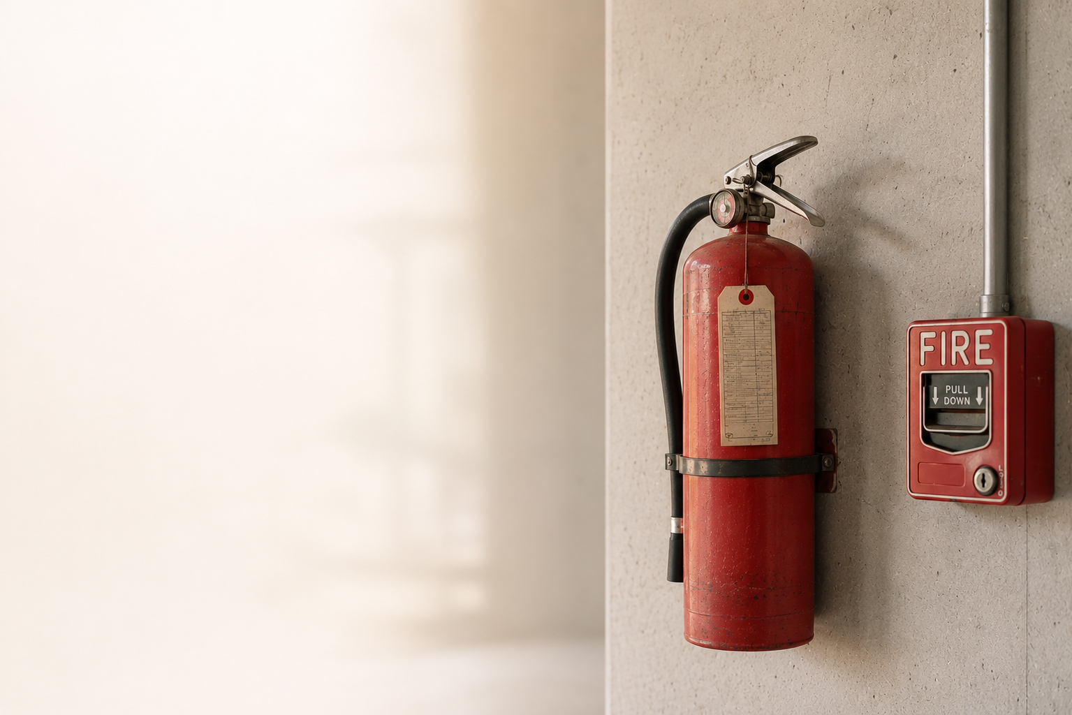 A serviced fire extinguisher on its wall bracket, tag showing the last service date